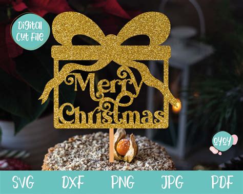 Merry Christmas Cake Topper SVG With Gift and Ribbon | Etsy