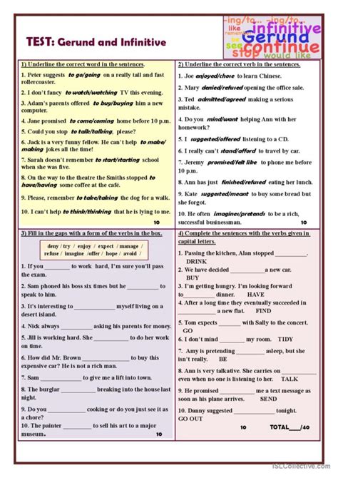 Test Gerund And Infinitive General English Esl Worksheets Pdf Doc