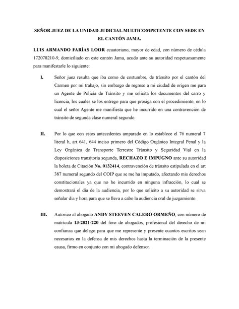 Escrito De Impugnaci N De Tr Nsito Se Or Juez De La Unidad Judicial