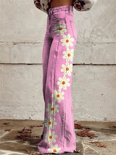 Womens Pink Flower Print Casual Wide Leg Pants In 2024 Casual Wide