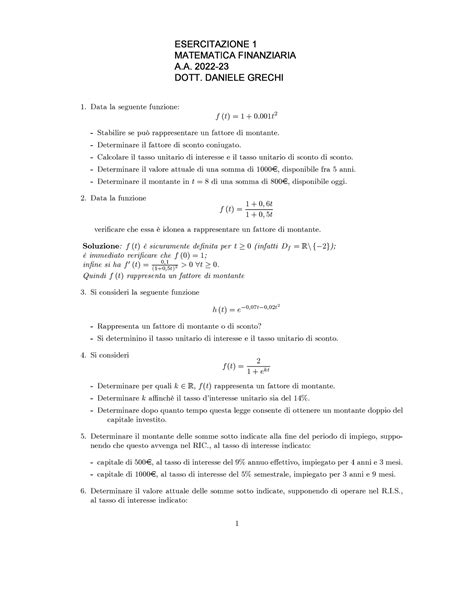 Svolgimento Ese 1 B MATEMATICA FINANZIARIA Esercizi Foglio 1 A