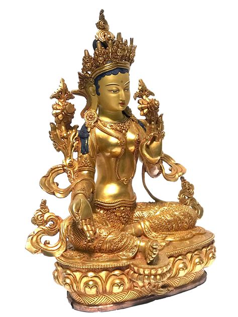 Monastery Quality Statue Of Green Tara Fire Full Gold Plated With