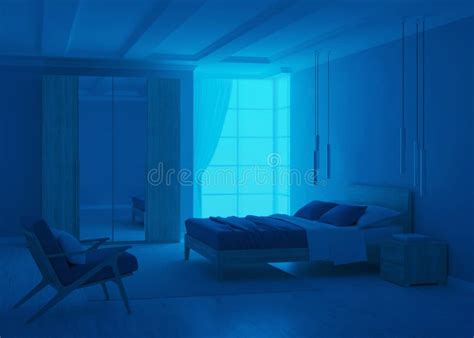 Modern Bedroom Interior with Blue Walls. Stock Illustration ...