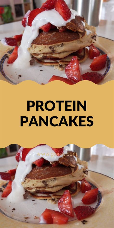 Two Stacks Of Pancakes With Strawberries On Top And The Words Protein