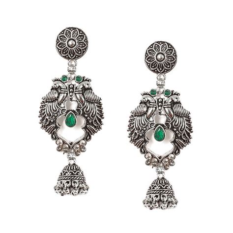 Ayesha Metallic Silver Antique Ethnic Stud With Peacock Jhumka Earrings