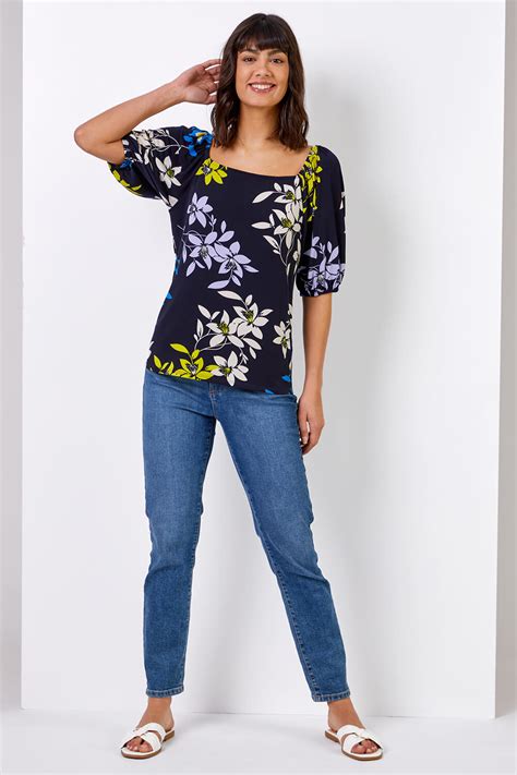 Bold Floral Print Bardot Top In Navy Roman Originals UK