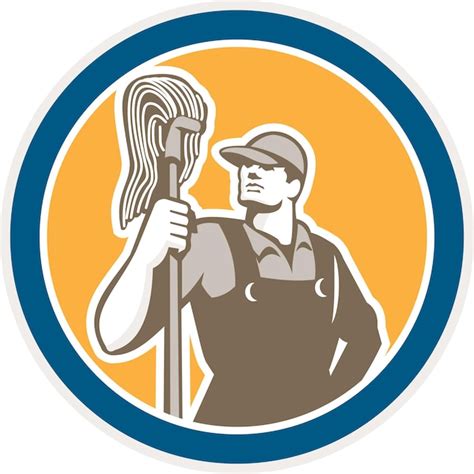 Premium Vector Janitor Cleaner Holding Mop Circle Retro