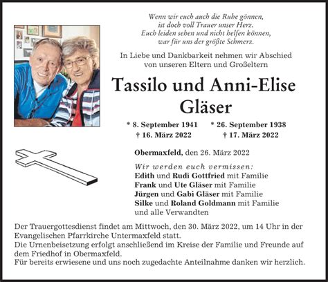 Traueranzeigen Von Tassilo Gl Ser Augsburger Allgemeine Zeitung