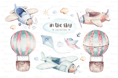 Watercolor Baby boy airplane sky balloon clipart. Kid plane, toy air By ...