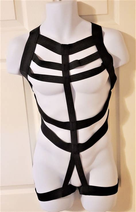 Men S Black Elastic Body Chest Harness Cage With Built In Etsy