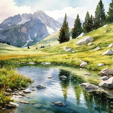 Premium AI Image | Watercolor painting of a mountain landscape with a ...