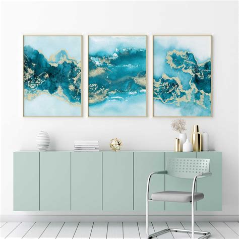 Teal Wall Art Set Of 3 Turquoise Wall Art Aqua Blue Green Etsy