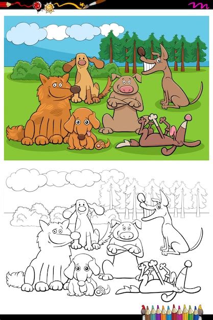 Page De Livre De Coloriage De Groupe De Chiens Et Chiots De Dessin