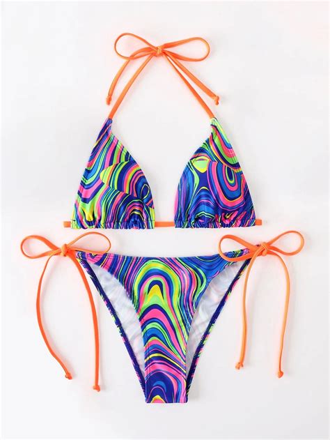 Ba Ador Bikini Tri Ngulo Halter Con Patr N De Fluido Azul El Ctrico