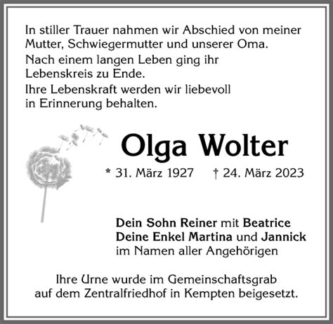 Traueranzeigen von Olga Wolter Allgäuer Zeitung