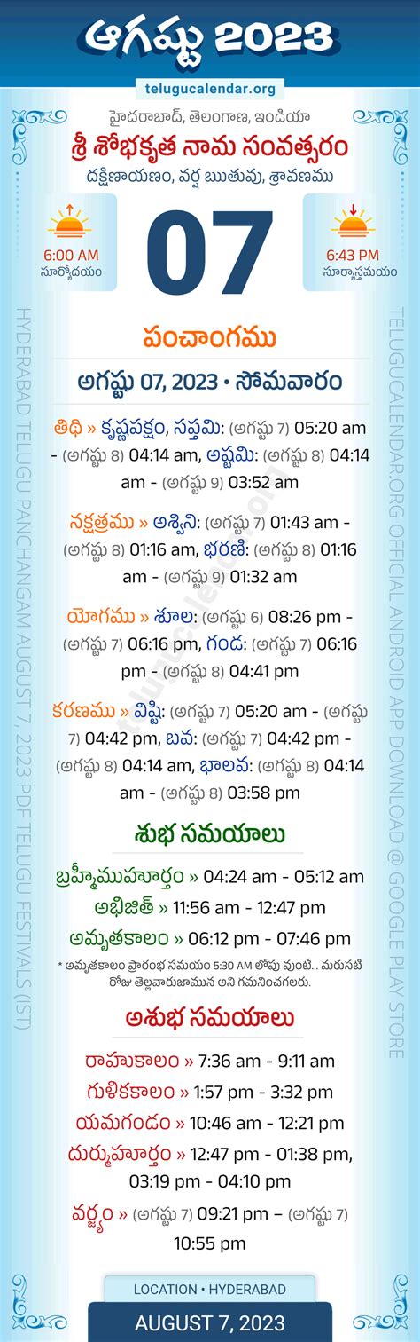 Telangana Panchangam August 7 2023 Telugu Calendar Daily