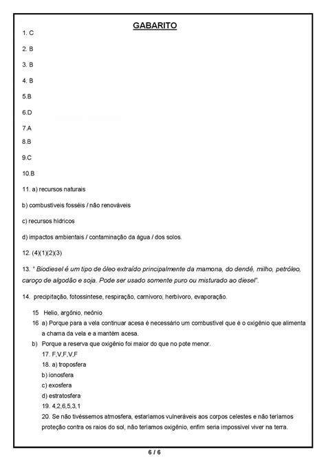 AvaliaÇÃo De CiÊncias 6° Ano Com Gabarito — SÓ Escola