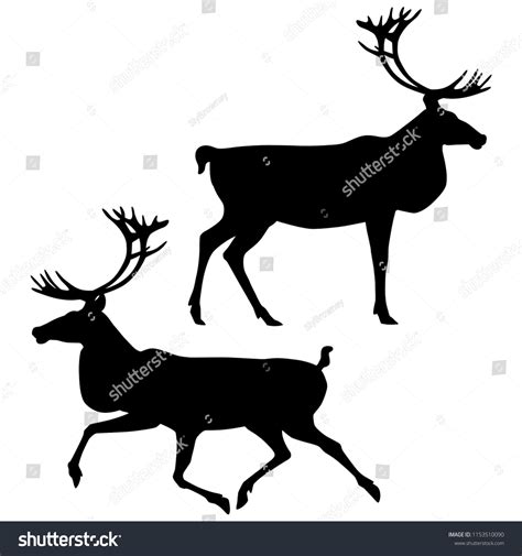 Black Silhouettes Standing Running Caribou Isolated Stock Vector