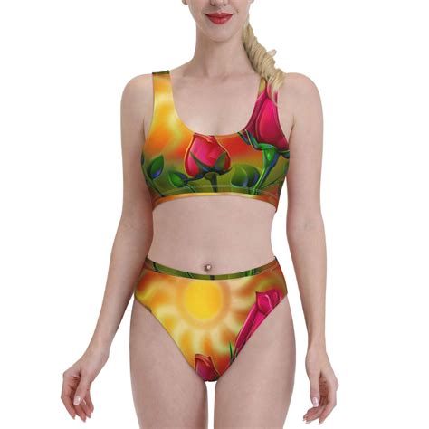 Adobk Rose Psychedelic Print Women High Waisted Bikini Set Sports