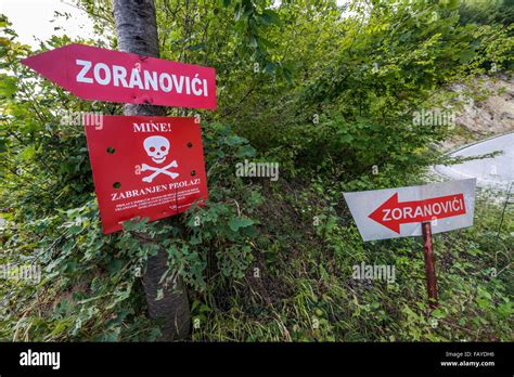 Minefield Next To Road Near Sarajevo City Capital Of Bosnia And