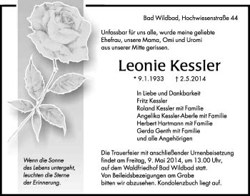 Traueranzeigen von Leonie Kessler Schwarzwälder Bote Trauer