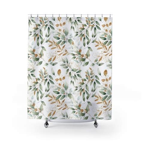 White With Green Coastal Shower Curtain Etsy