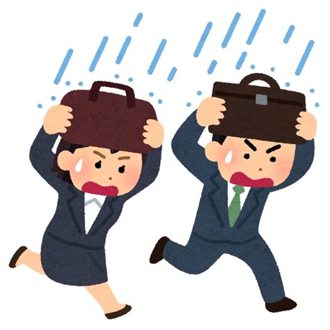 無料イラスト かわいいフリー素材集 にわか雨から逃げる人たちのイラスト