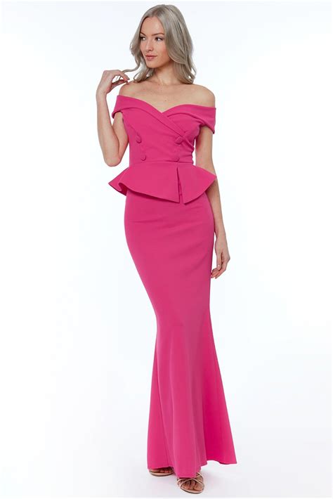 Goddiva Goddiva Bardot Crossover Maxi Dress Cerise