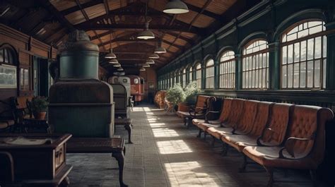 Premium AI Image | A train station with a wooden bench and a large ...