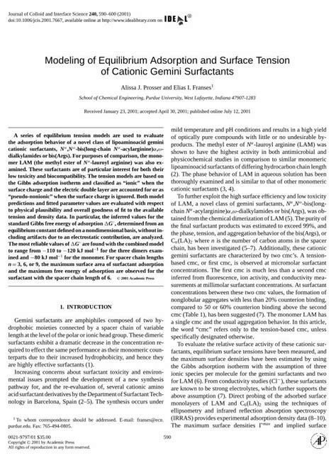 PDF Modeling Of Equilibrium Adsorption And Surface Tension Of