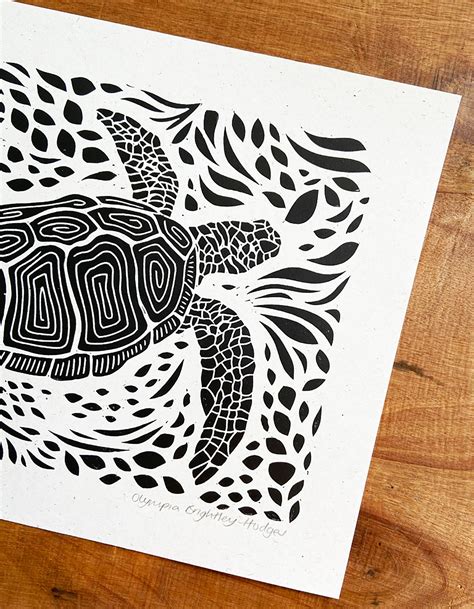 Sea Turtle Print Original Linocut Green And Blue Ocean Sea Etsy