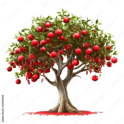 Pomegranate Tree, detailed front view of tree on transparent background ...