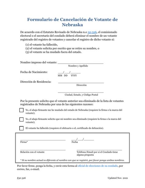 Nebraska Formulario De Cancelacion De Votante De Nebraska Download Fillable Pdf Templateroller