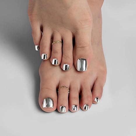 Amazon Chrome Press On Toenails Short Square Fake Toe Nails Silver