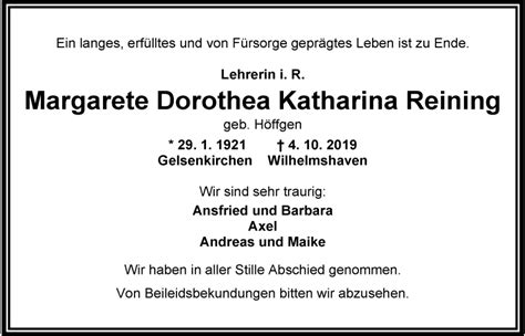 Traueranzeigen Von Margarete Dorothea Katharina Reining Nordwest