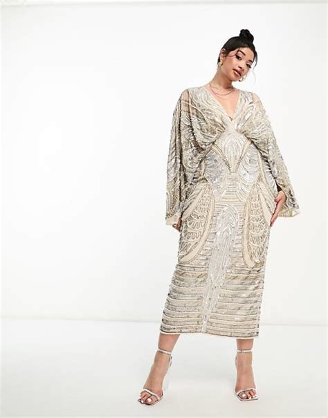 Asos Edition Curve Kimono Sleeve Midi Dress With Sequin And Pearl