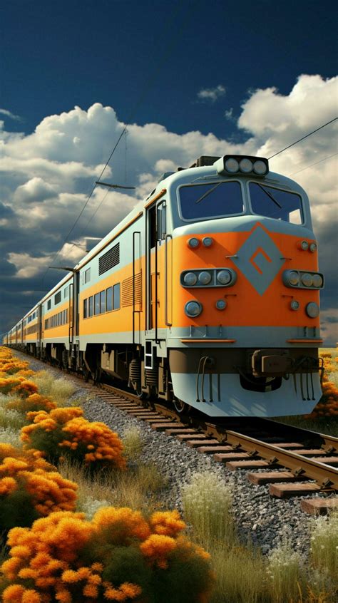 Vibrant summer train, moving under cloudy skies on a hot day Vertical ...