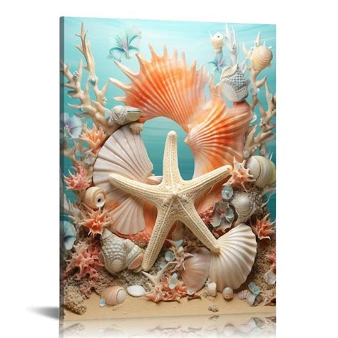 Nawypu Coastal Beach Canvas Wall Art Starfish Anchor Conch Picture ...