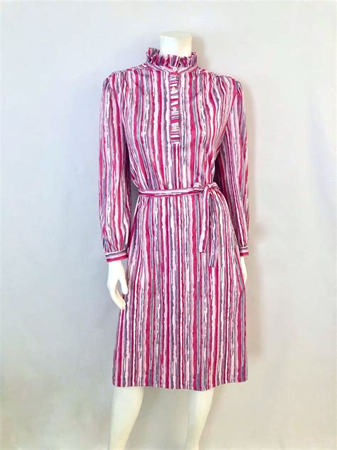 Vintage Womens 70s Pink White Striped Long Sleeve Shirt Dress L