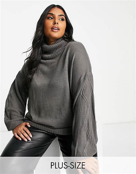 Missguided Plus Roll Neck Sweater With Cable Knit Sleeves In Charcoal