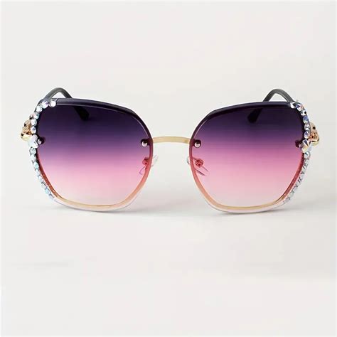 Rhinestone Decor Rimless Fashion Sunglasses For Women Men Temu