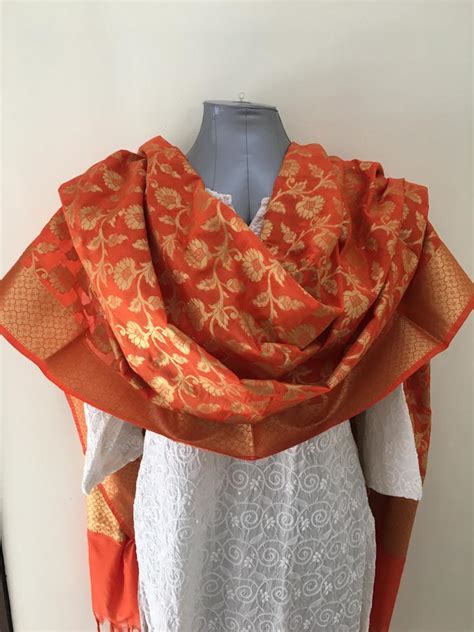 Orange Banarasi Dupatta Scarf Stole Wrap