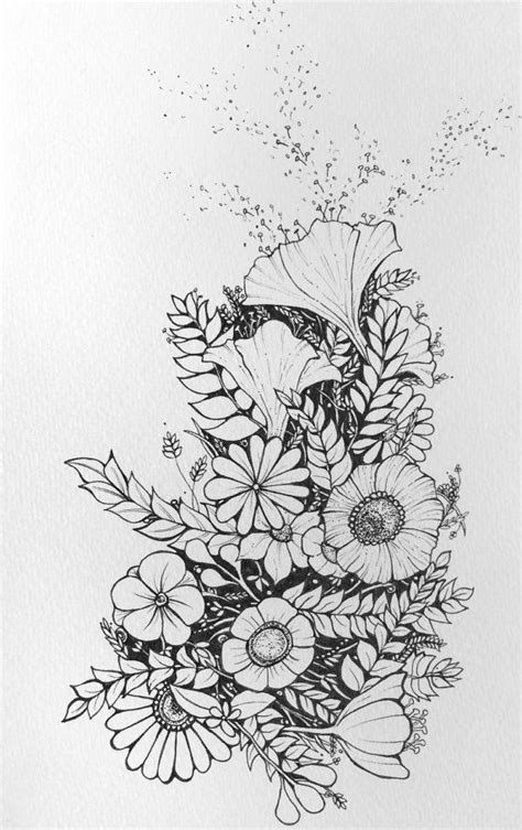 Floral Flower Drawing Black And White Illustration Flower Drawing