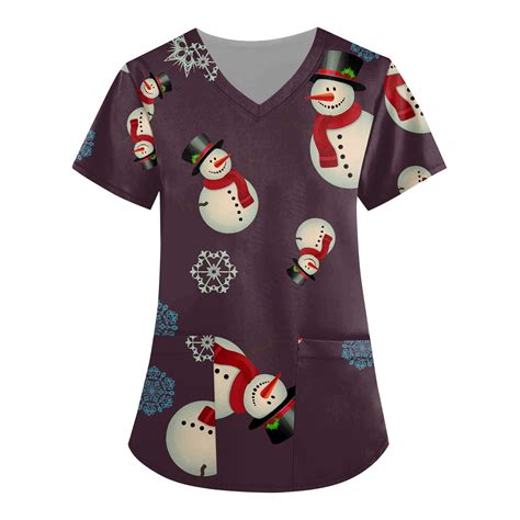 Susanny Christmas Plus Size Scrubs For Women Xmas Snowman Printed V