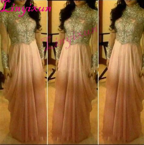 Arabic Evening Dresses High Neck Beaded Sheer Illusion Chiffon Long