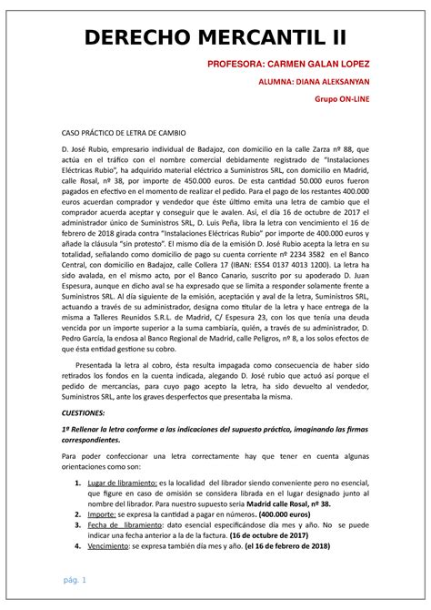 Caso Pr Ctico N De Letra De Cambio Derecho Mercantil Ii Profesora