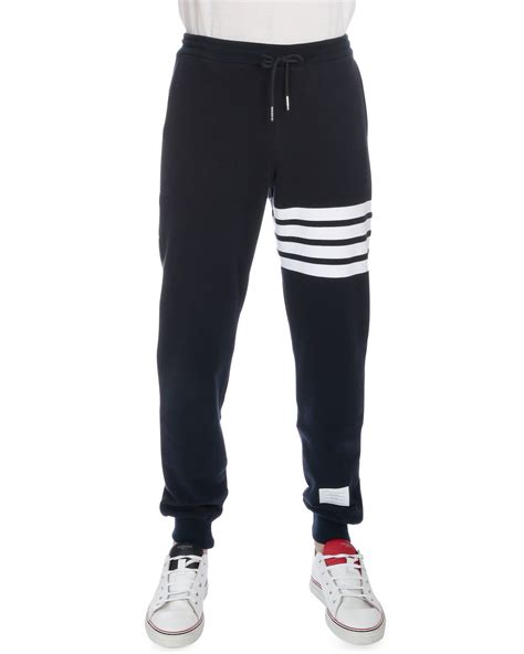 Thom Browne Drawstring Cotton Sweatpants With Leg Stripe In Blue For