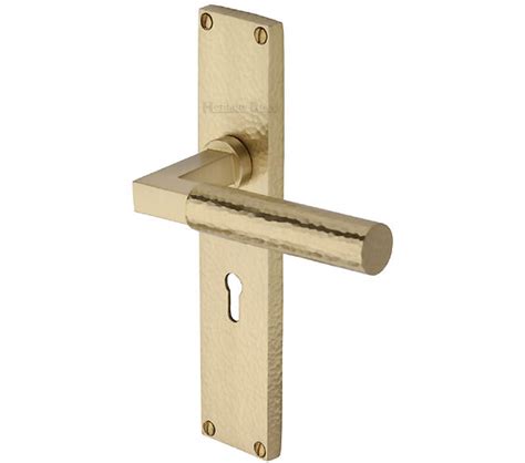 Heritage Brass Bauhaus Hammered Door Handles On 200mm Backplate Satin Brass Vth4300 Sb Sold