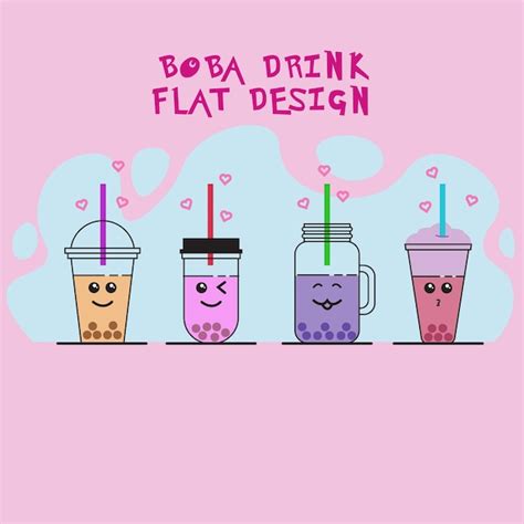 Bebida pinky boba en diseño plano Vector Premium