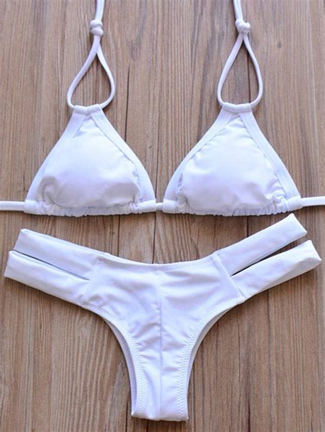 Off Elegant Women S Halter Solid Color Hollow Out Bikini Set